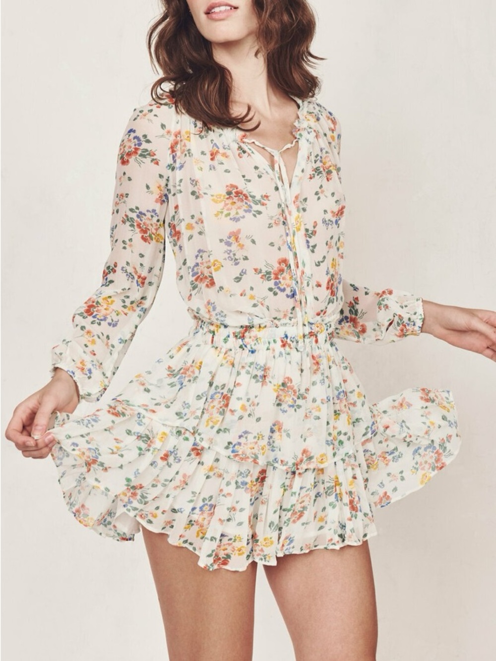 LoveShackFancy Ivory Floral Long-Sleeve Ruffle Mini Dress